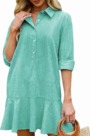 Womens Tunic Shirt Mini Dress Long Sleeve Cotton Short Dress Button Up Ruffle Hem Shift Dresses