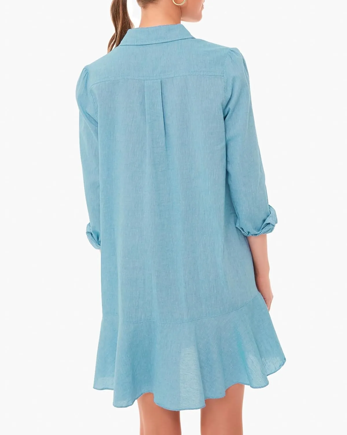 Womens Tunic Shirt Mini Dress Long Sleeve Cotton Short Dress Button Up Ruffle Hem Shift Dresses