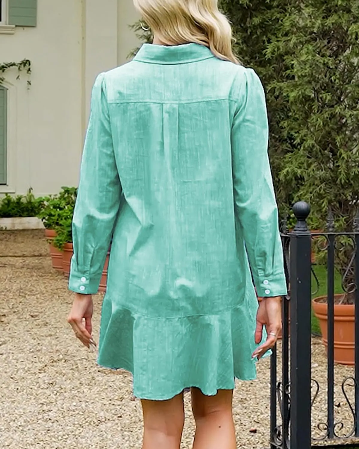 Womens Tunic Shirt Mini Dress Long Sleeve Cotton Short Dress Button Up Ruffle Hem Shift Dresses