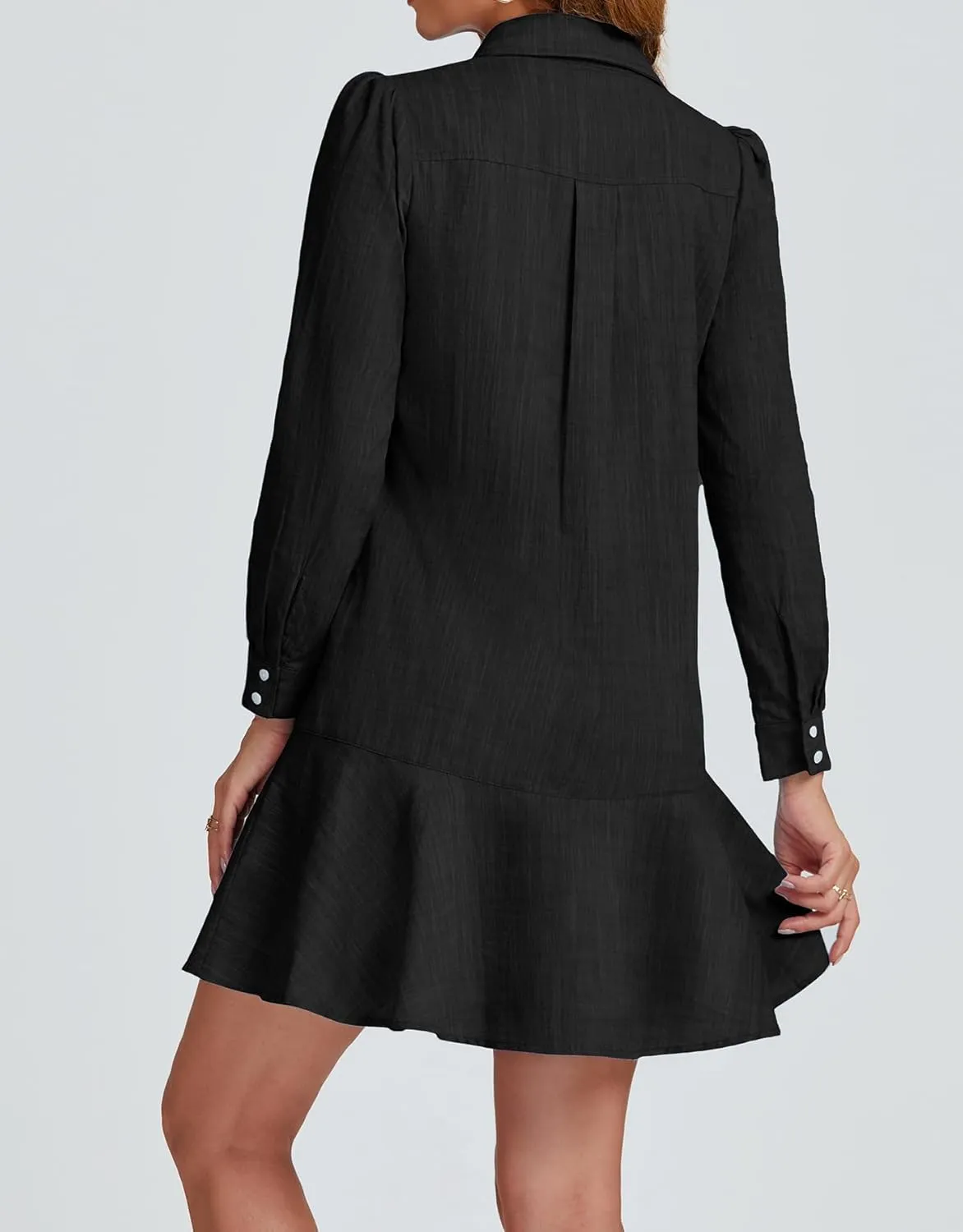 Womens Tunic Shirt Mini Dress Long Sleeve Cotton Short Dress Button Up Ruffle Hem Shift Dresses