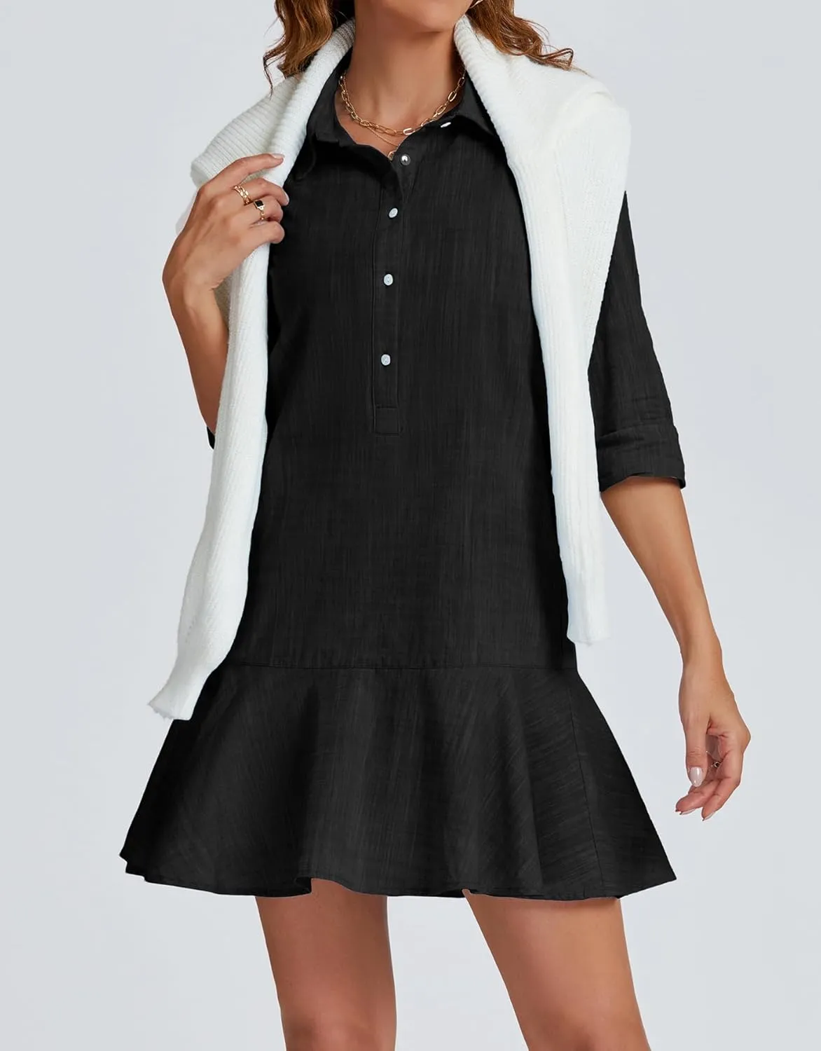 Womens Tunic Shirt Mini Dress Long Sleeve Cotton Short Dress Button Up Ruffle Hem Shift Dresses
