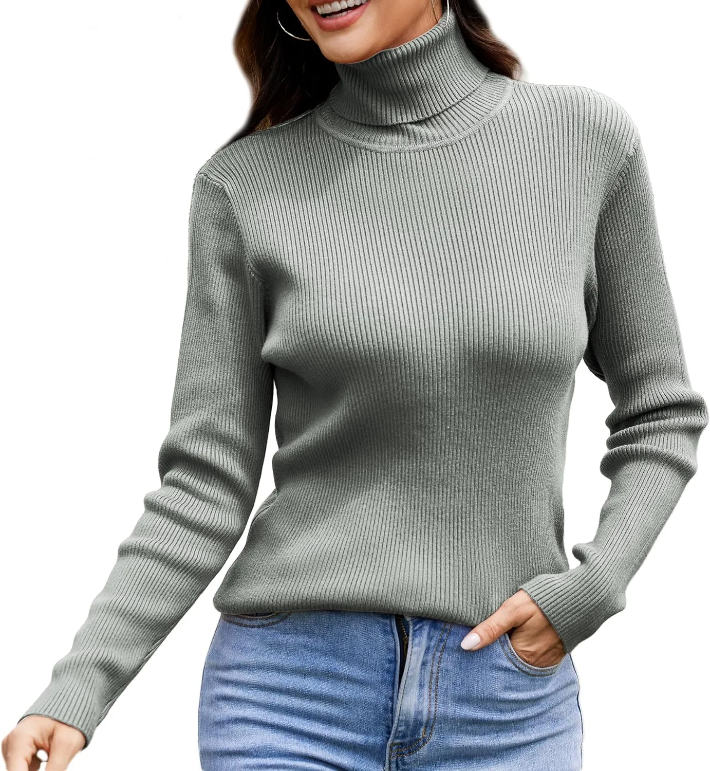 Women's Turtleneck Ribbed Pullover Fashion Long Sleeve Knit Sweater Fall Basic Tops