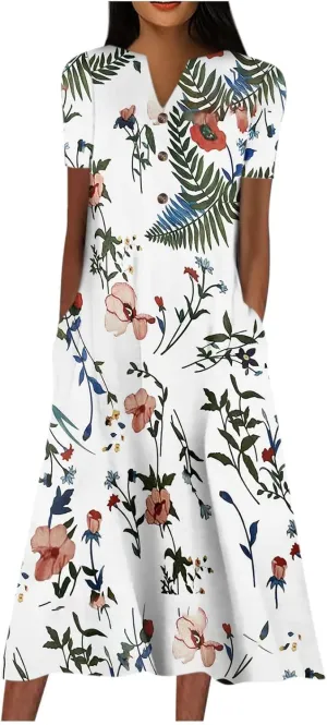 Womens V-Neck Casual Loose Short Sleeve Long T-Shirt Dress Floral Maxi Dress with Pocket Wedding Guest Dresses for Women