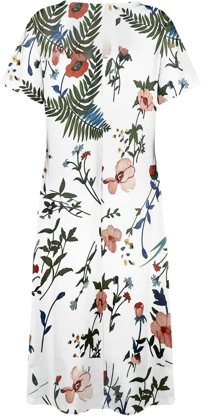 Womens V-Neck Casual Loose Short Sleeve Long T-Shirt Dress Floral Maxi Dress with Pocket Wedding Guest Dresses for Women
