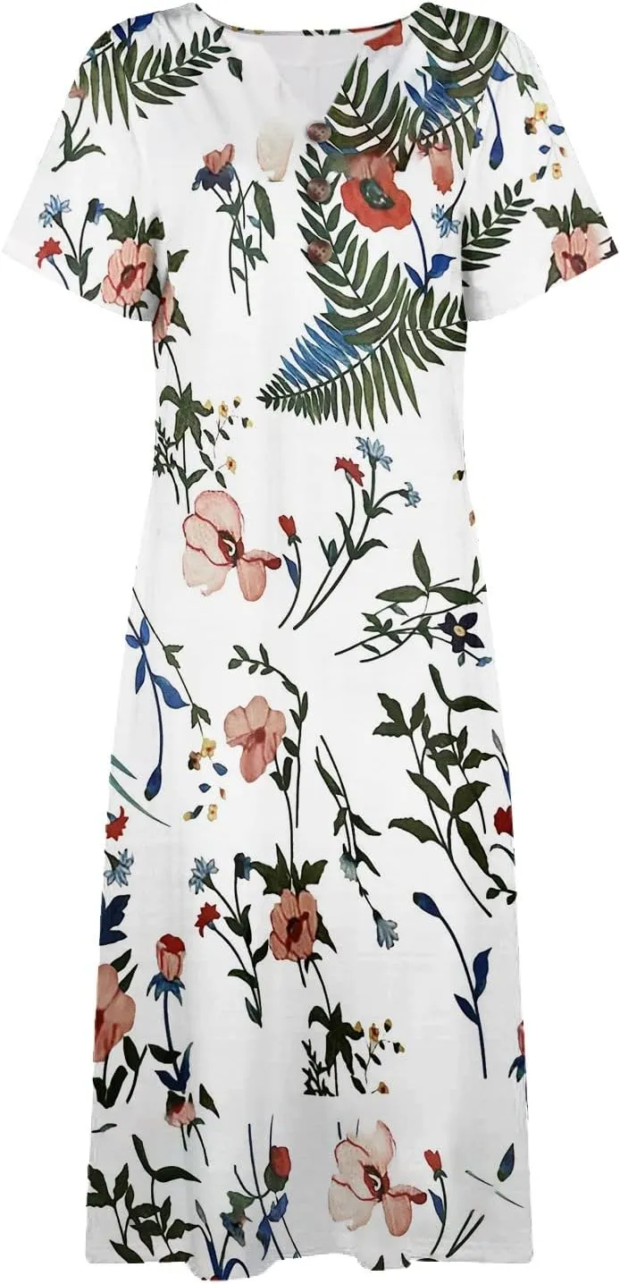 Womens V-Neck Casual Loose Short Sleeve Long T-Shirt Dress Floral Maxi Dress with Pocket Wedding Guest Dresses for Women