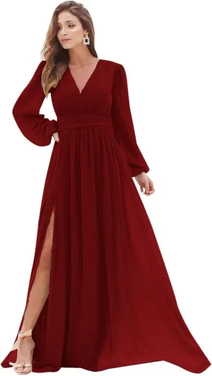 Women's V-Neck Long Sleeve Bridesmaid Dresses Slit Ruched Chiffon Formal Evening Dress