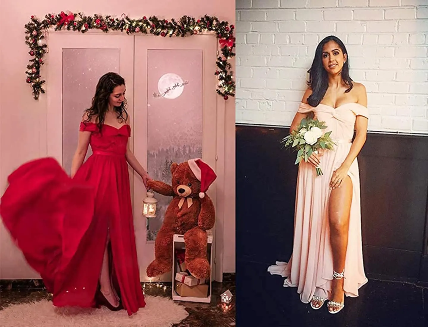 Women's V-Neck Long Sleeve Bridesmaid Dresses Slit Ruched Chiffon Formal Evening Dress