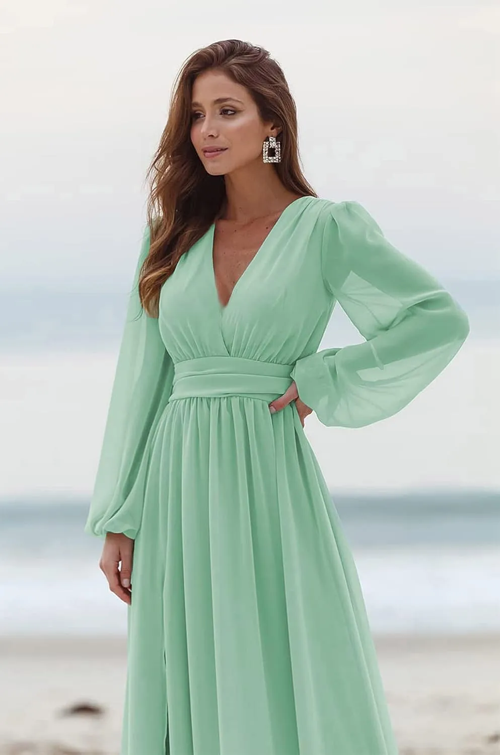 Women's V-Neck Long Sleeve Bridesmaid Dresses Slit Ruched Chiffon Formal Evening Dress