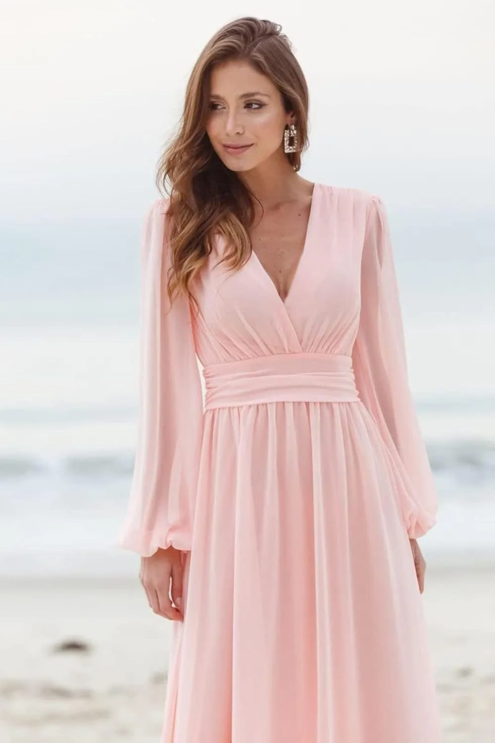 Women's V-Neck Long Sleeve Bridesmaid Dresses Slit Ruched Chiffon Formal Evening Dress