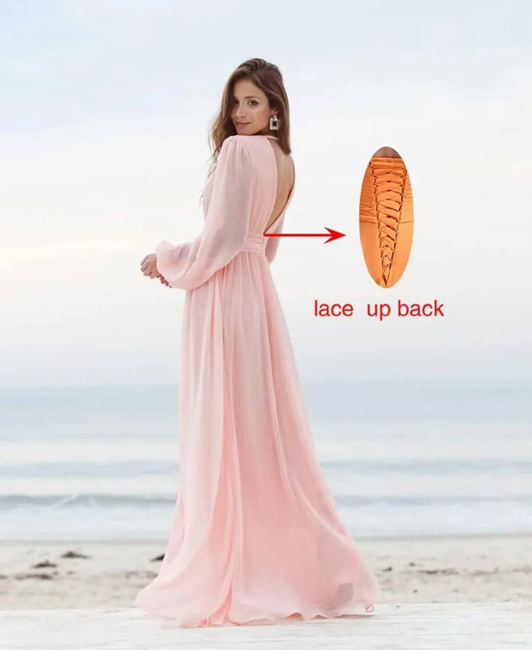 Women's V-Neck Long Sleeve Bridesmaid Dresses Slit Ruched Chiffon Formal Evening Dress