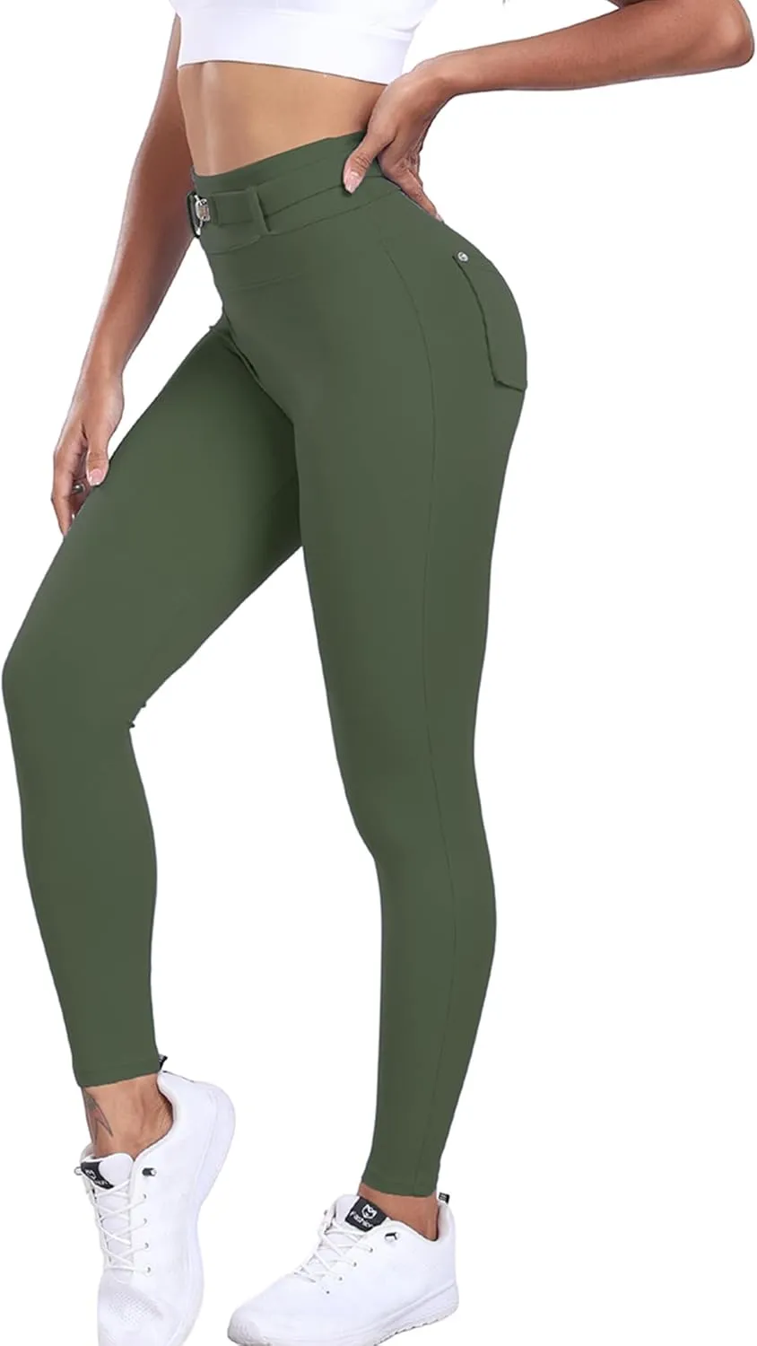 Womens Workout Leggings with Pockets Belt High Waist Butt Lifting Buttery Soft Gym Leggings Yoga Pants Tights