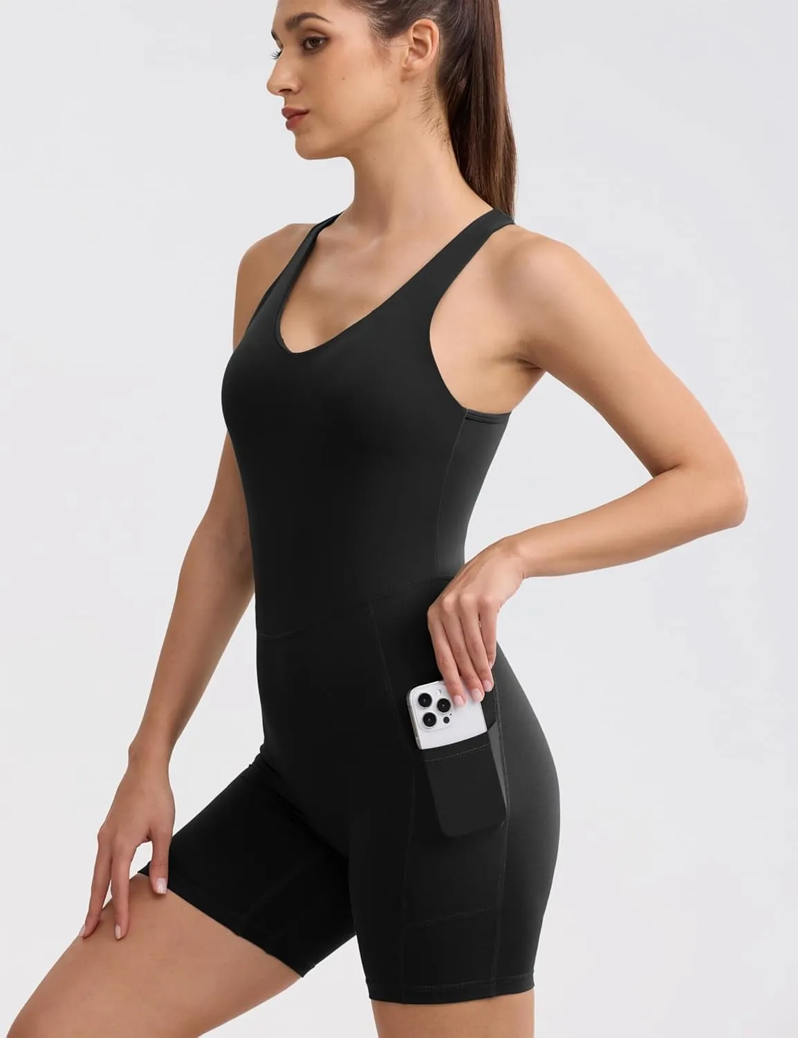 Womens Yoga Jumpsuits Workout One Piece Rompers with Pockets Bodycon Backless Bodysuits Padded