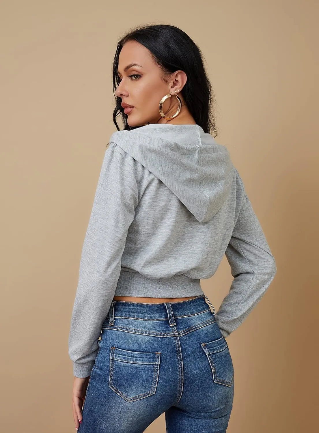 Women's Zip Up Hoodies Cropped Cardigan Jacket Drawstring Hooded Sweatshirts Casual Long Sleeve Top