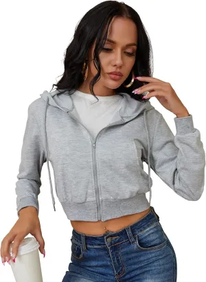 Women's Zip Up Hoodies Cropped Cardigan Jacket Drawstring Hooded Sweatshirts Casual Long Sleeve Top