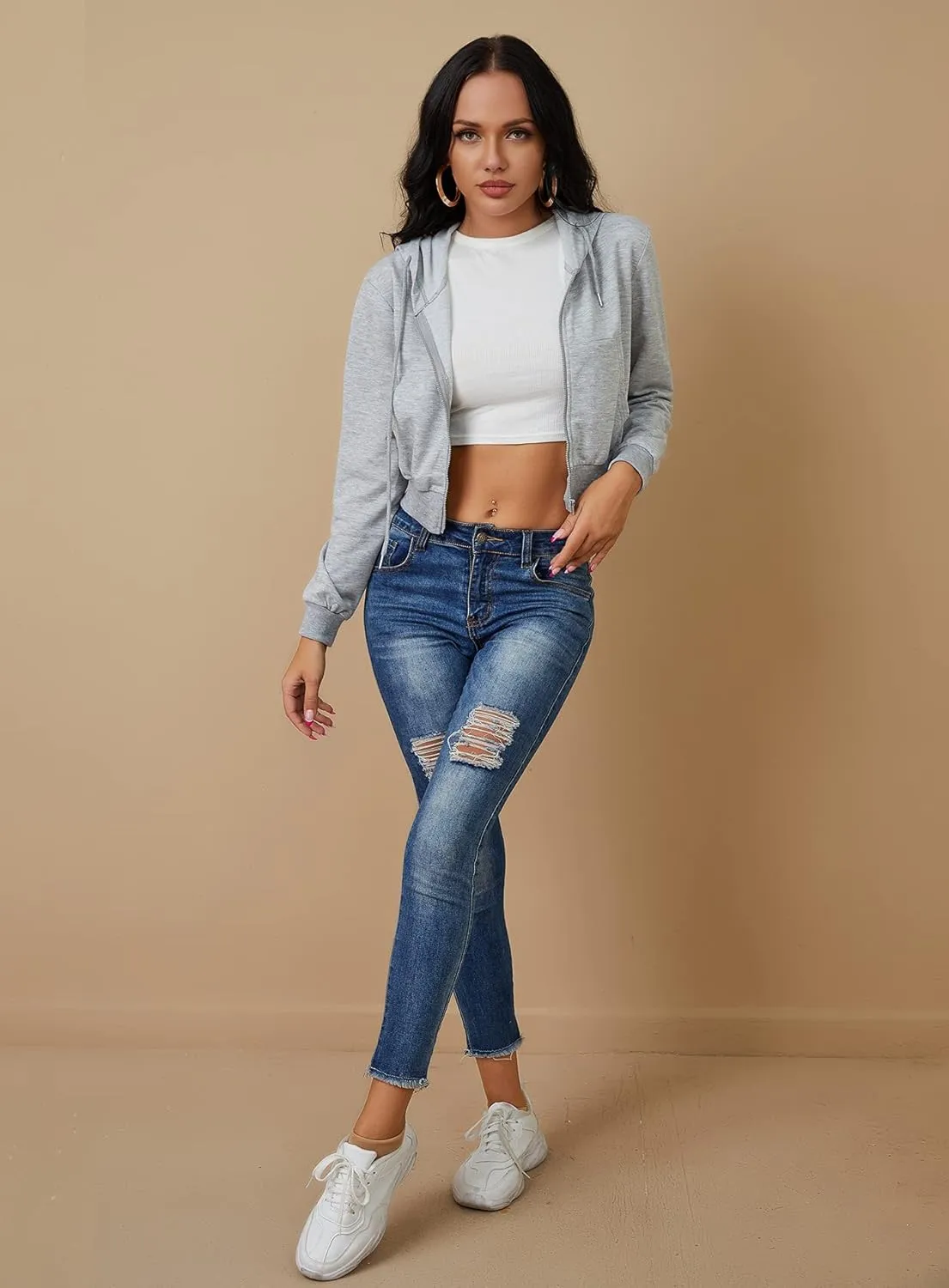 Women's Zip Up Hoodies Cropped Cardigan Jacket Drawstring Hooded Sweatshirts Casual Long Sleeve Top