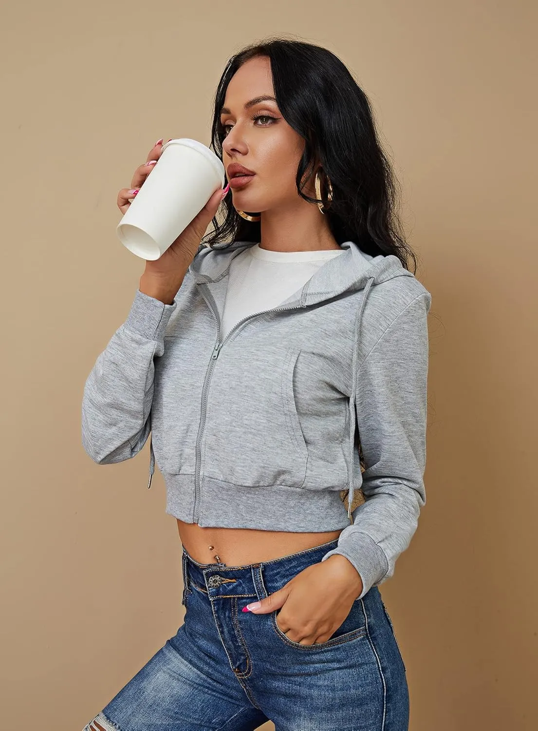 Women's Zip Up Hoodies Cropped Cardigan Jacket Drawstring Hooded Sweatshirts Casual Long Sleeve Top