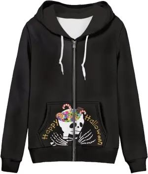 Women's Zip Up Hoodies Long Sleeve Hooded Sweatshirt Teen Girls Jacket Novelty Print Pullover