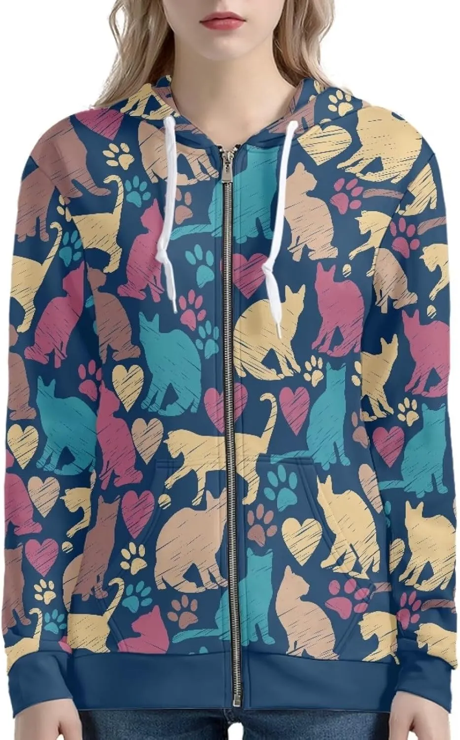 Women's Zip Up Hoodies Long Sleeve Hooded Sweatshirt Teen Girls Jacket Novelty Print Pullover