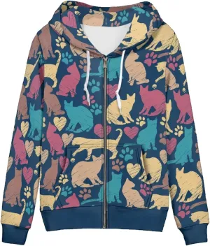 Women's Zip Up Hoodies Long Sleeve Hooded Sweatshirt Teen Girls Jacket Novelty Print Pullover