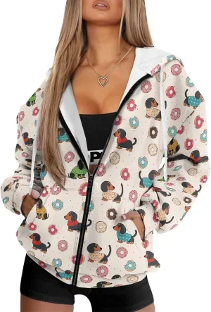 Womens Zip Up Hoodies Loose Sweatshirts, Long Sleeve Hooded Top Fashion Clothes with Pockets