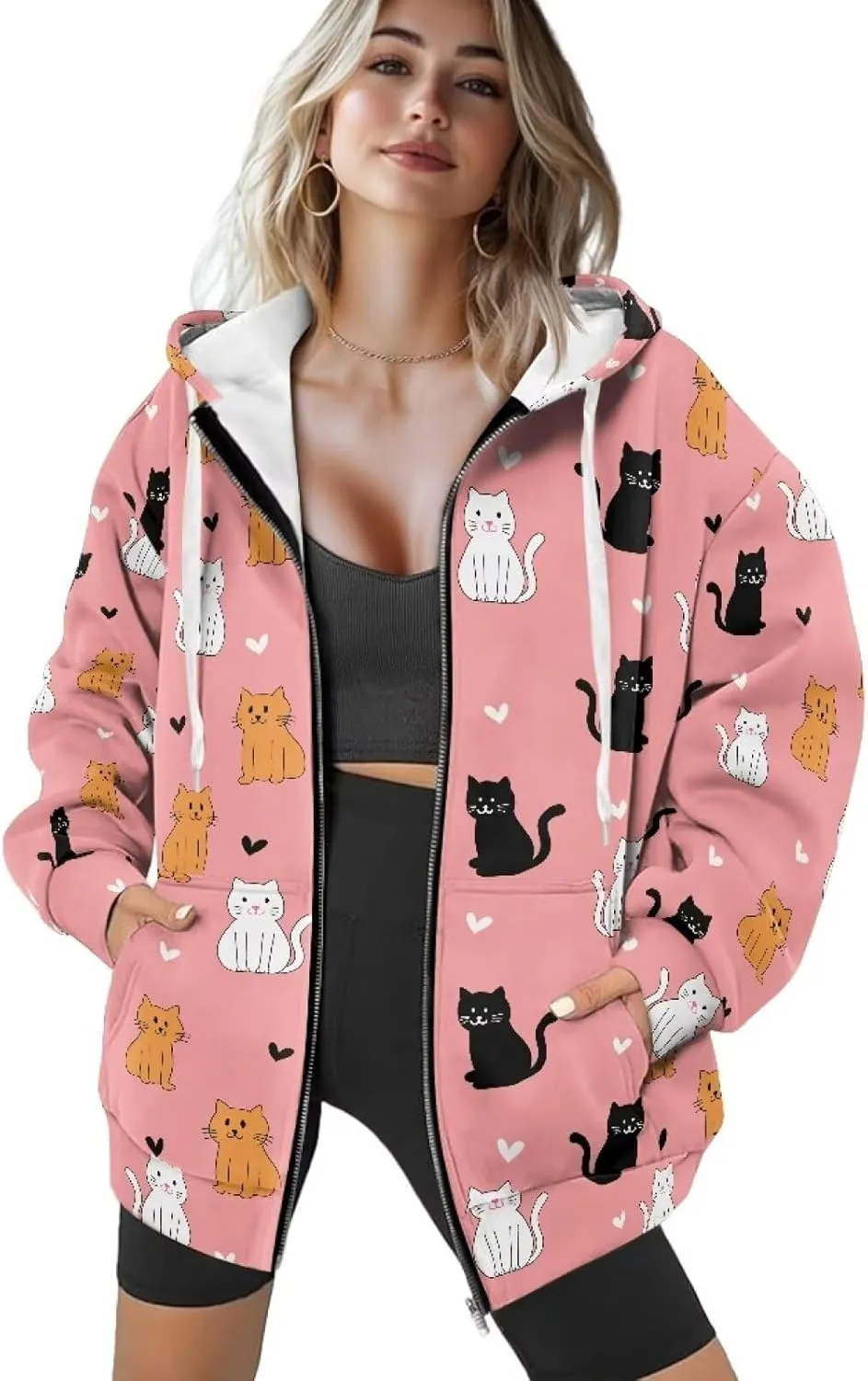 Womens Zip Up Hoodies Loose Sweatshirts, Long Sleeve Hooded Top Fashion Clothes with Pockets