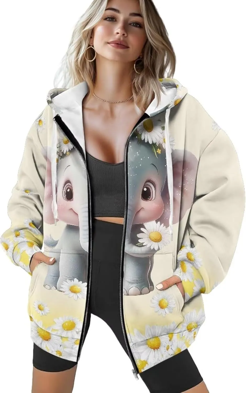 Womens Zip Up Hoodies Loose Sweatshirts, Long Sleeve Hooded Top Fashion Clothes with Pockets
