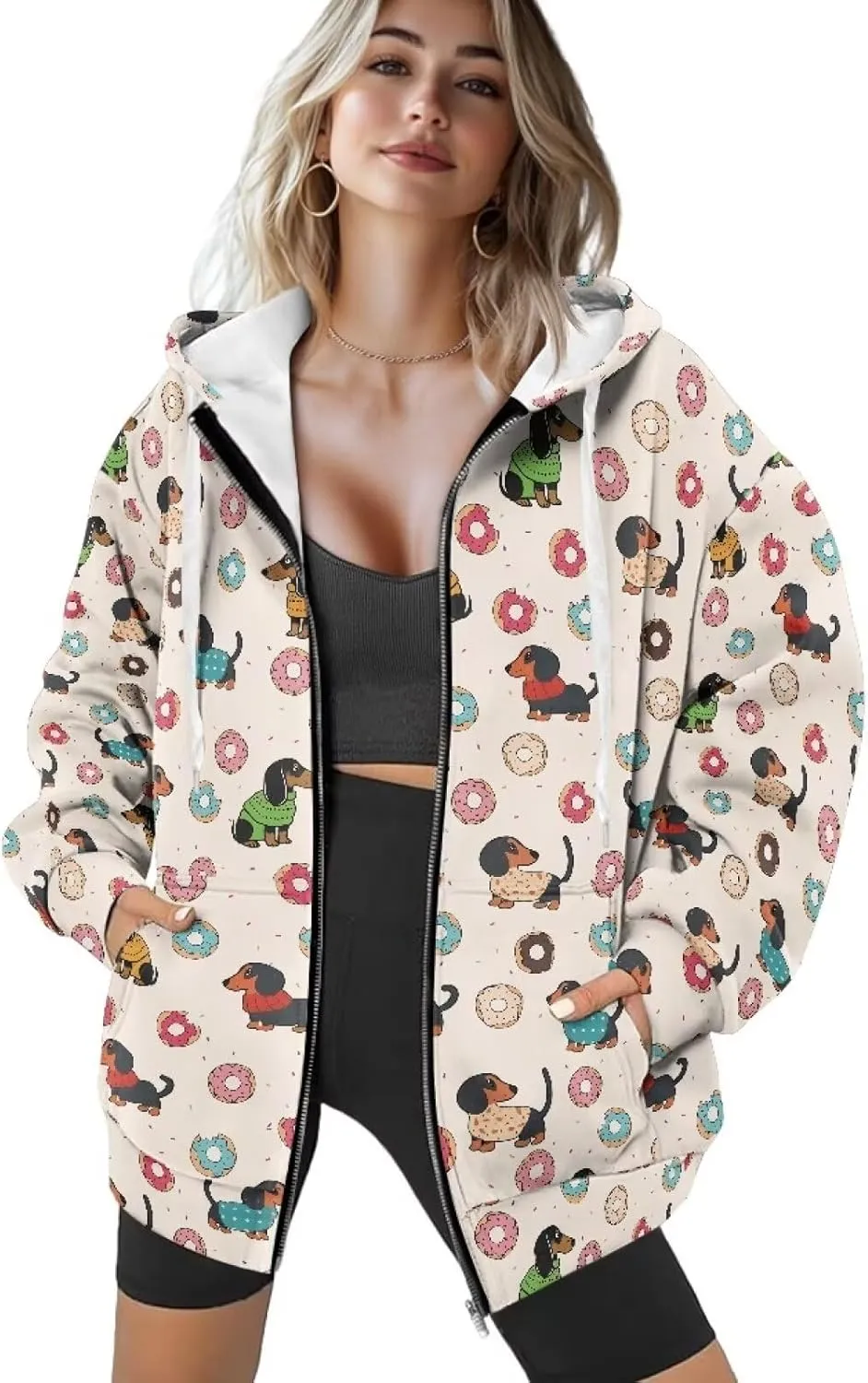 Womens Zip Up Hoodies Loose Sweatshirts, Long Sleeve Hooded Top Fashion Clothes with Pockets