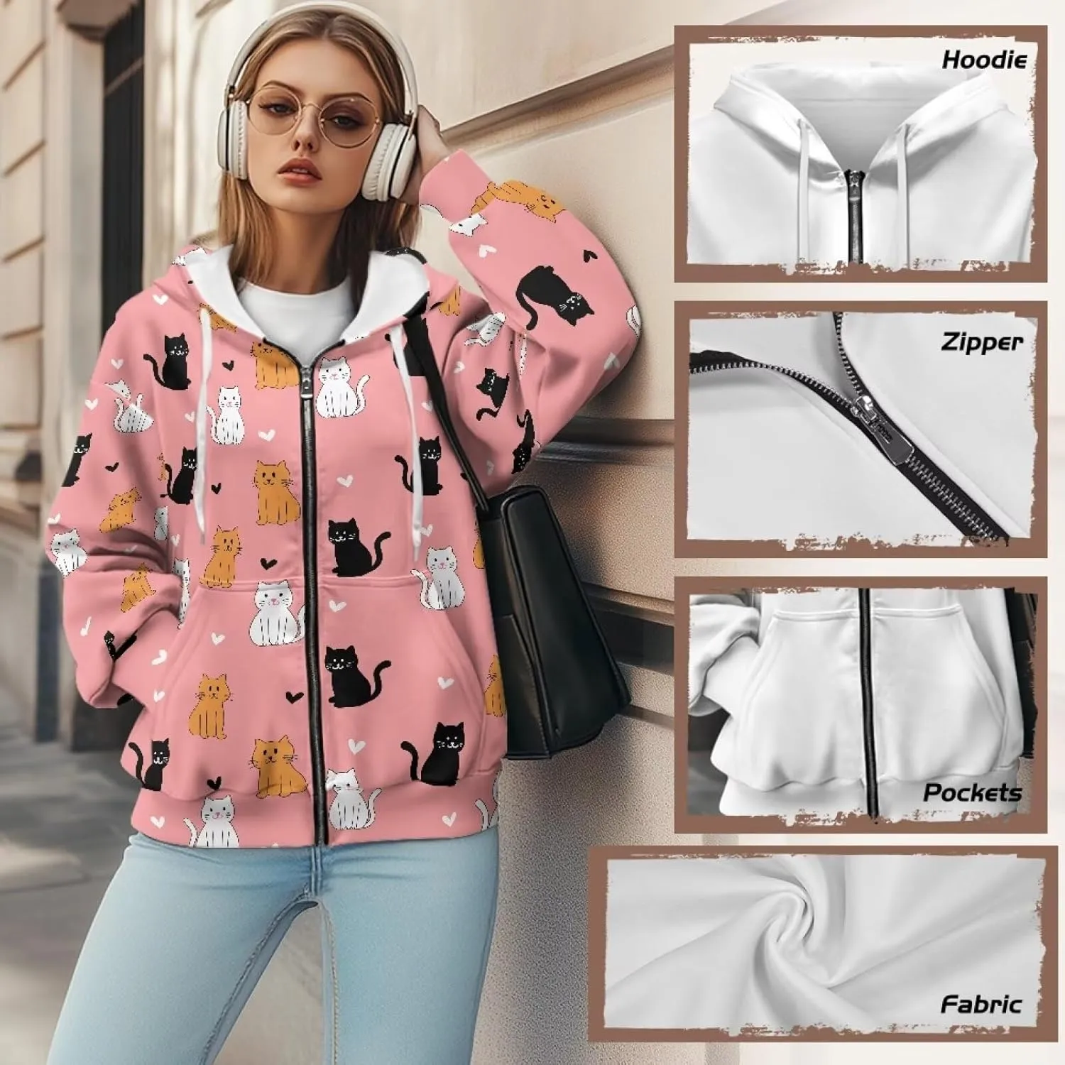 Womens Zip Up Hoodies Loose Sweatshirts, Long Sleeve Hooded Top Fashion Clothes with Pockets