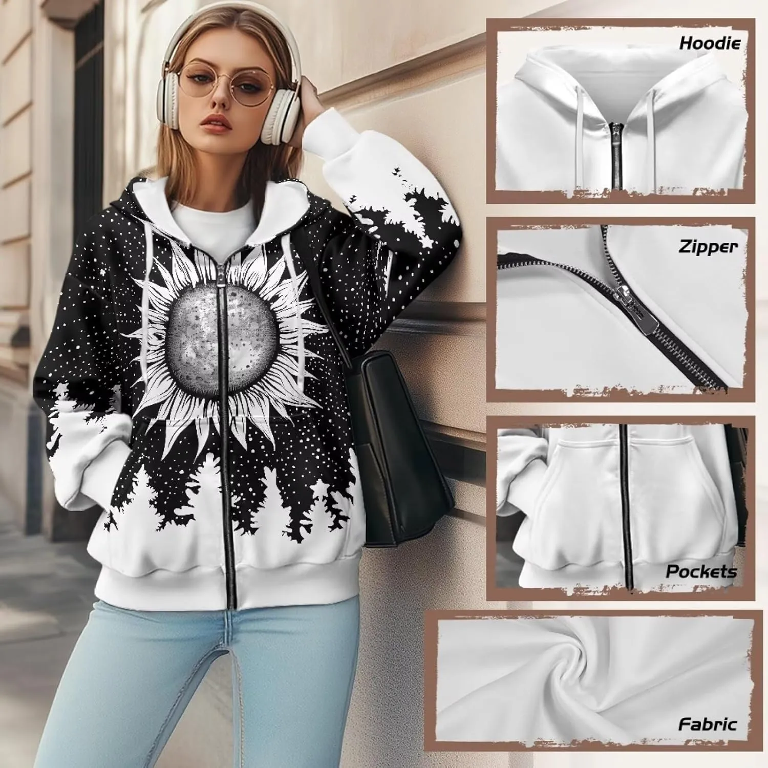 Womens Zip Up Hoodies Loose Sweatshirts, Long Sleeve Hooded Top Fashion Clothes with Pockets