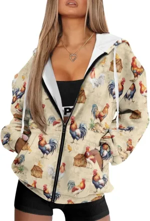 Womens Zip Up Hoodies Loose Sweatshirts, Long Sleeve Hooded Top Fashion Clothes with Pockets