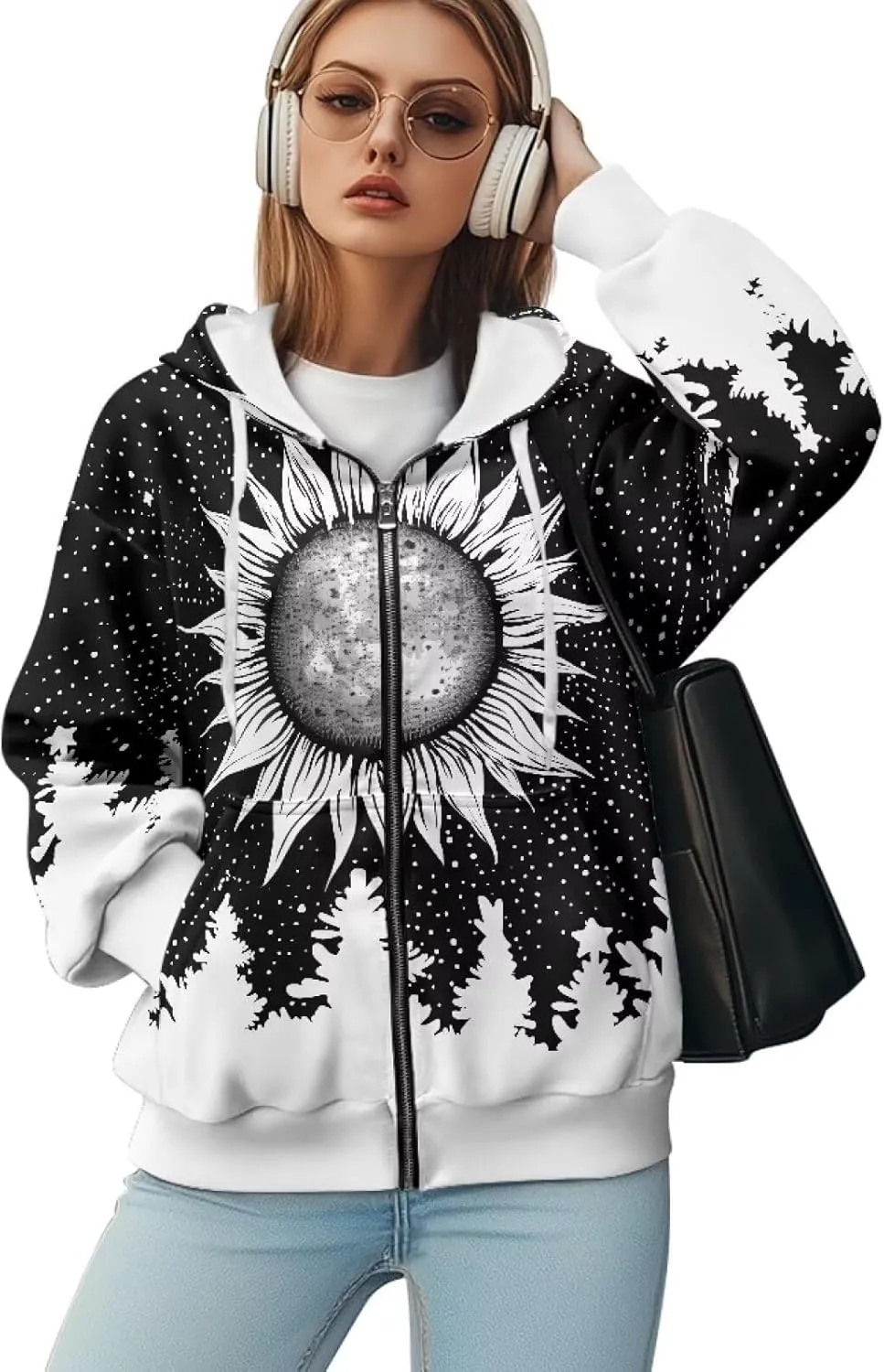 Womens Zip Up Hoodies Loose Sweatshirts, Long Sleeve Hooded Top Fashion Clothes with Pockets