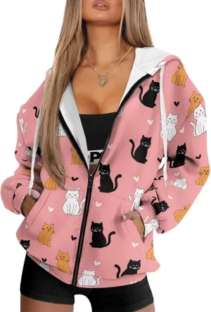 Womens Zip Up Hoodies Loose Sweatshirts, Long Sleeve Hooded Top Fashion Clothes with Pockets