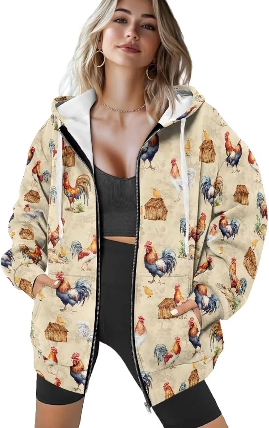 Womens Zip Up Hoodies Loose Sweatshirts, Long Sleeve Hooded Top Fashion Clothes with Pockets