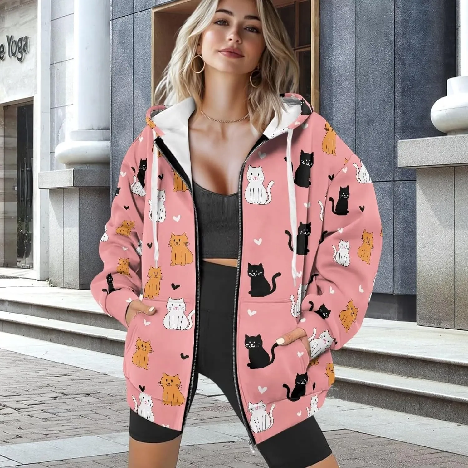 Womens Zip Up Hoodies Loose Sweatshirts, Long Sleeve Hooded Top Fashion Clothes with Pockets