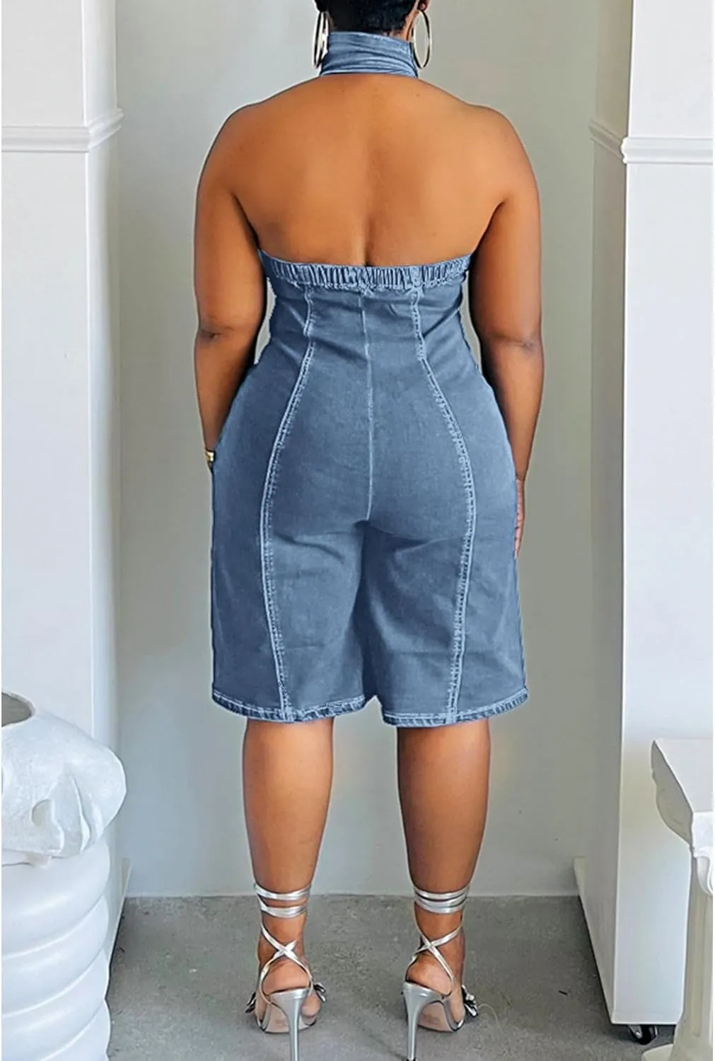xxxiticat Women's Denim Jumpsuit Sleeveless Front Zipper Up Open Front Halter Neck Open Back One Piece Romper Overalls