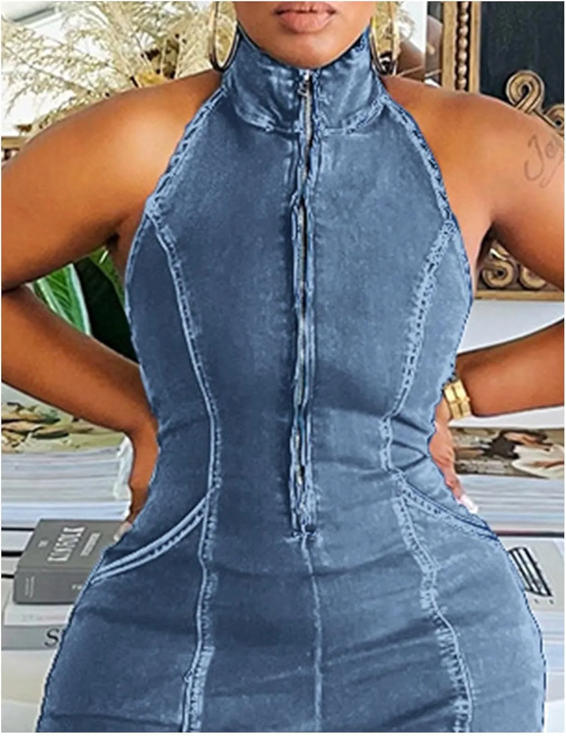 xxxiticat Women's Denim Jumpsuit Sleeveless Front Zipper Up Open Front Halter Neck Open Back One Piece Romper Overalls