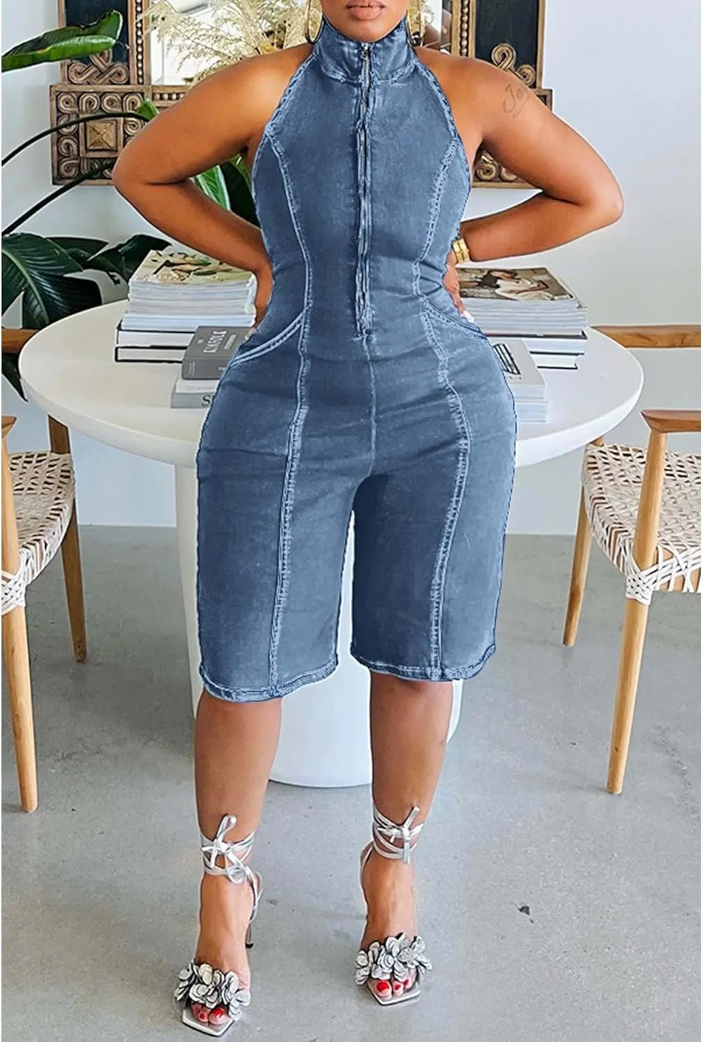 xxxiticat Women's Denim Jumpsuit Sleeveless Front Zipper Up Open Front Halter Neck Open Back One Piece Romper Overalls