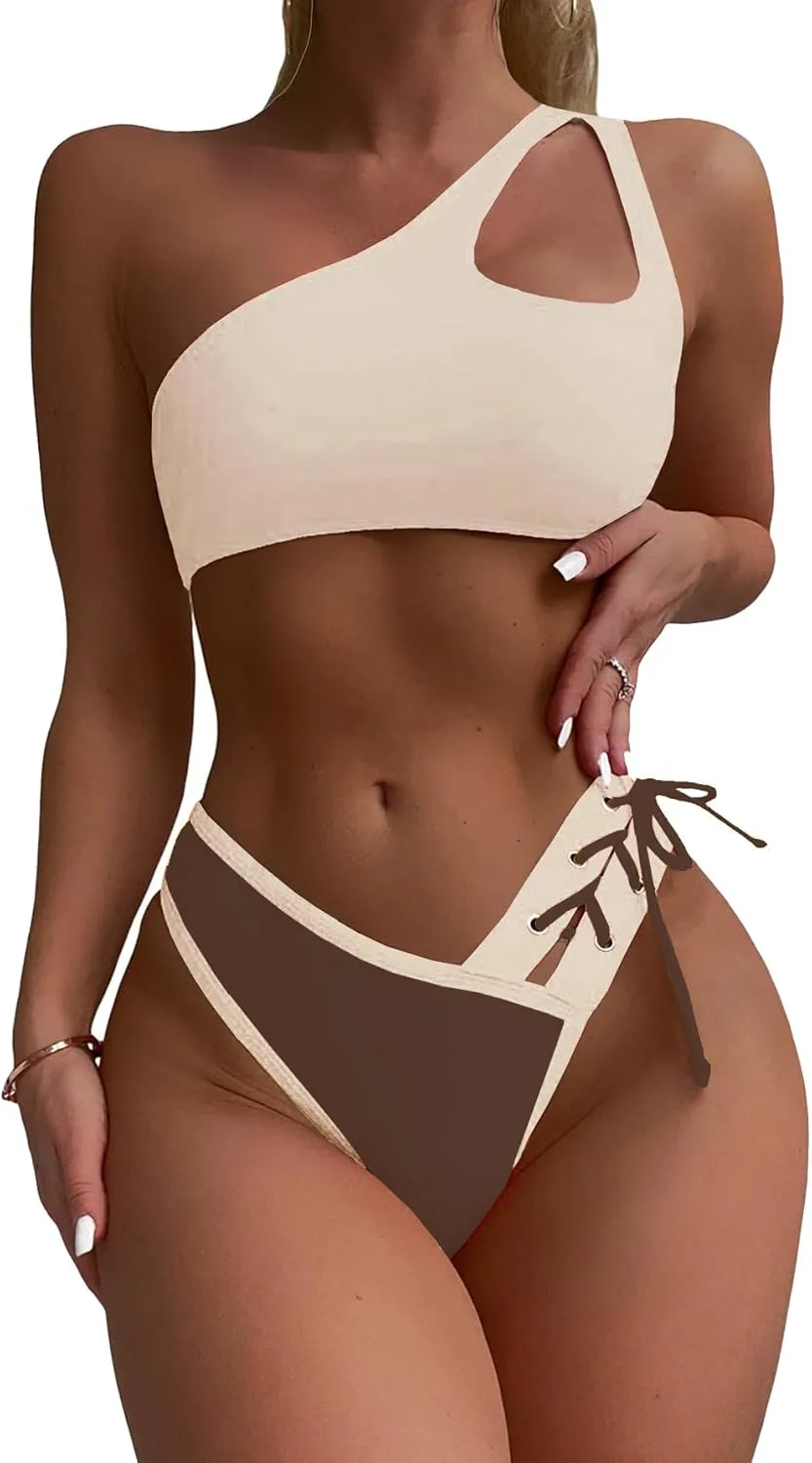 YELAIVP Women's Bikini Sets One Shoulder High Waisted Two Piece Swimsuit Lace Up High Cut Bathing Suit