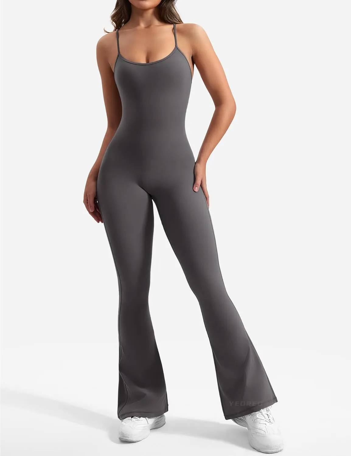 YEOREO One Piece Jumpsuit for Women 31" Inseam Vais Sleeveless Sexy Y Back Bodycon Flare Leg Full Length Romper Playsuits