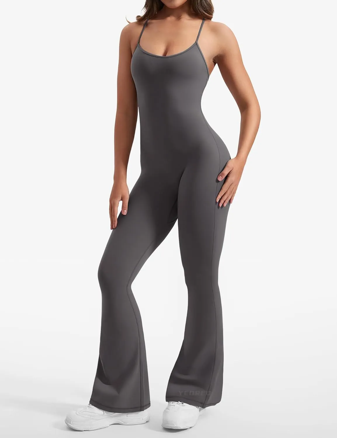 YEOREO One Piece Jumpsuit for Women 31" Inseam Vais Sleeveless Sexy Y Back Bodycon Flare Leg Full Length Romper Playsuits
