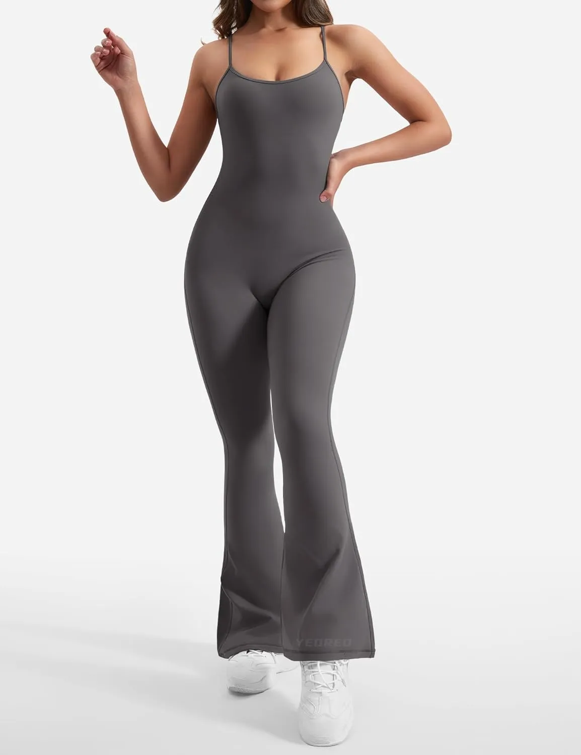 YEOREO One Piece Jumpsuit for Women 31" Inseam Vais Sleeveless Sexy Y Back Bodycon Flare Leg Full Length Romper Playsuits