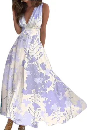 Yesunpxs Dresses for Women 2024 Wrap V Neck Flowy Ruched Maxi Dress Sleeveless Floral Printed Beach Dresses Boho Sundresses
