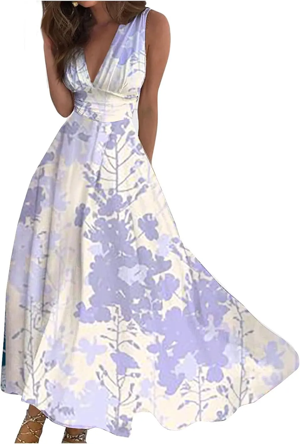 Yesunpxs Dresses for Women 2024 Wrap V Neck Flowy Ruched Maxi Dress Sleeveless Floral Printed Beach Dresses Boho Sundresses