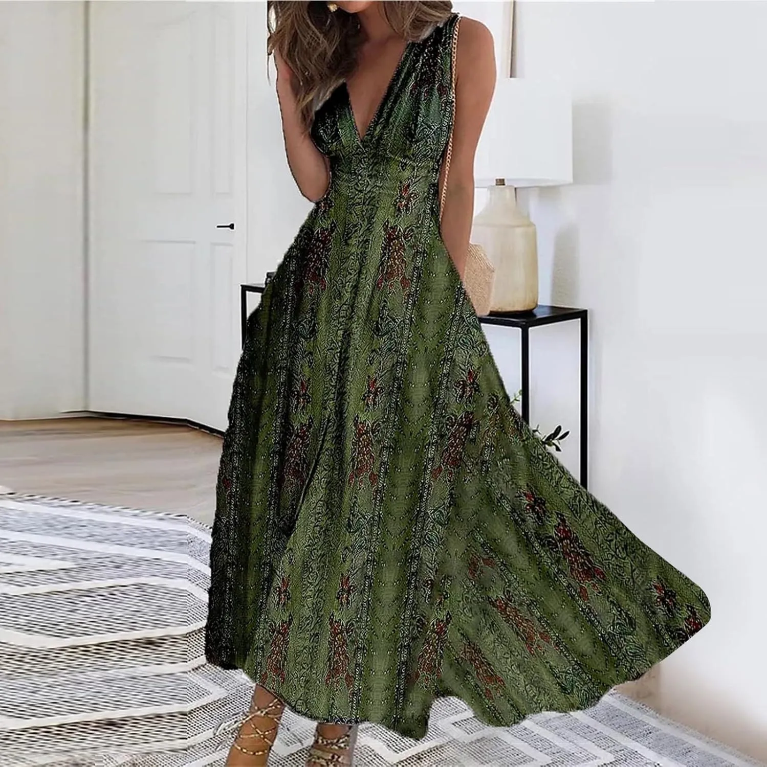 Yesunpxs Dresses for Women 2024 Wrap V Neck Flowy Ruched Maxi Dress Sleeveless Floral Printed Beach Dresses Boho Sundresses