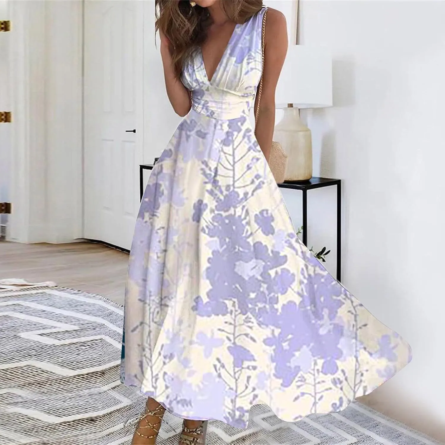 Yesunpxs Dresses for Women 2024 Wrap V Neck Flowy Ruched Maxi Dress Sleeveless Floral Printed Beach Dresses Boho Sundresses