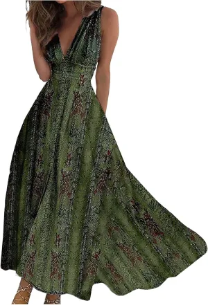 Yesunpxs Dresses for Women 2024 Wrap V Neck Flowy Ruched Maxi Dress Sleeveless Floral Printed Beach Dresses Boho Sundresses