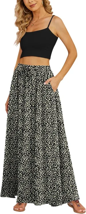 Yincro Women's Flowy Maxi Skirt Summer Pleated High Waisted Casual Long Skirts with Pockets (Leopard Black-2, M)