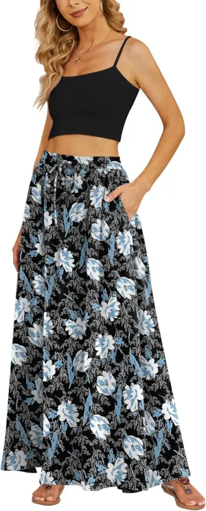 Yincro Women's Flowy Maxi Skirt Summer Pleated High Waisted Casual Long Skirts with Pockets