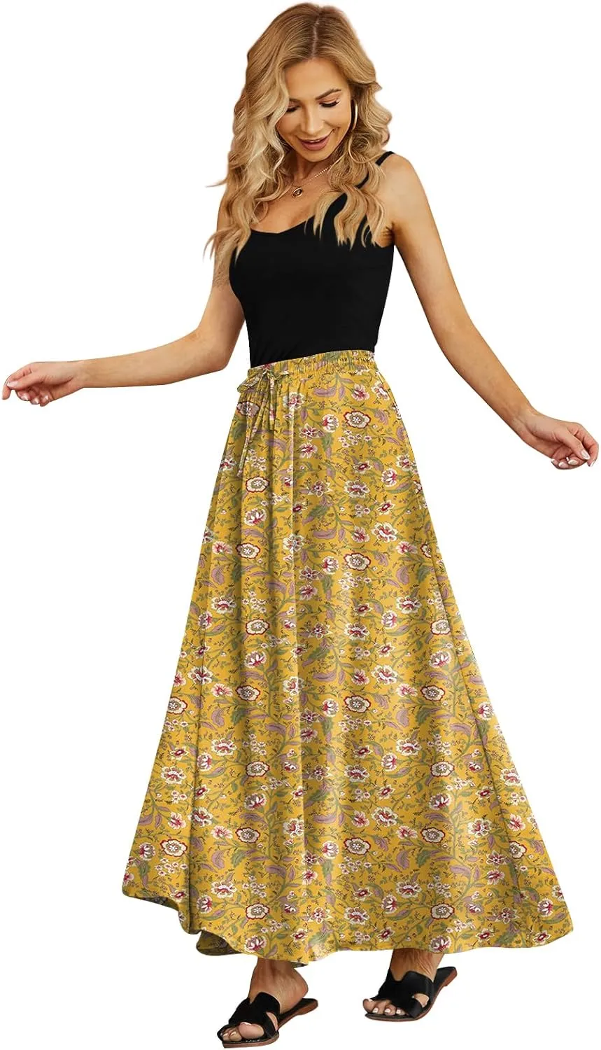 Yincro Women's Flowy Maxi Skirt Summer Pleated High Waisted Casual Long Skirts with Pockets
