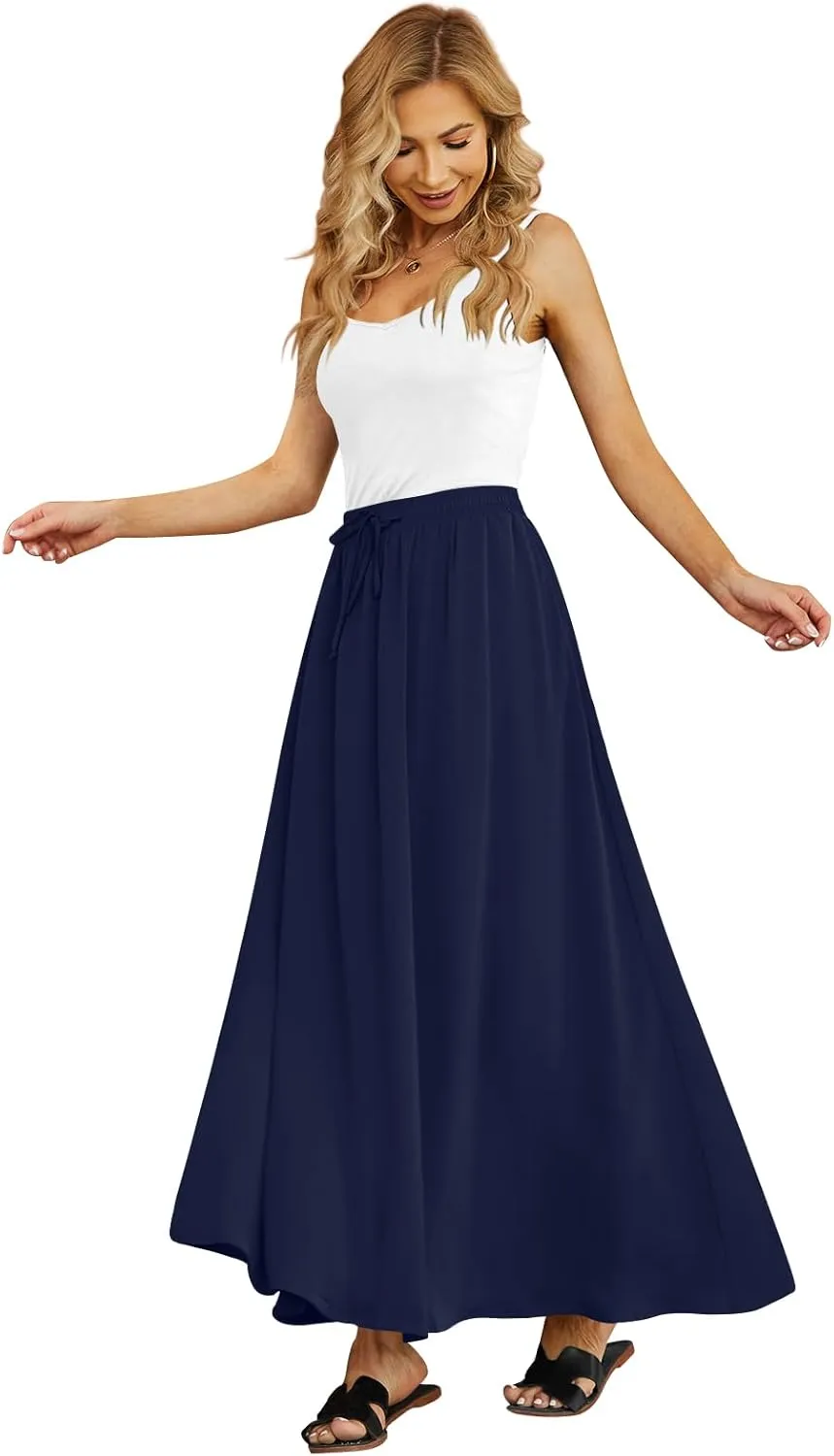 Yincro Women's Flowy Maxi Skirt Summer Pleated High Waisted Casual Long Skirts with Pockets